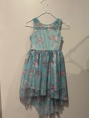 Girls Aqua Floral High-Low Party Dress